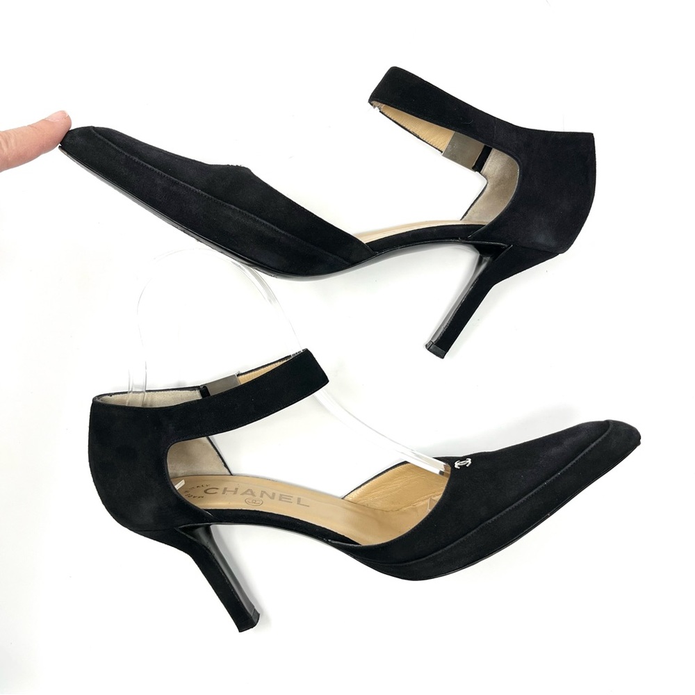 Vintage Chanel Black Suede Silver CC Logo High Heels Pumps Shoes 38.5 8.5 - Picture 7 of 13